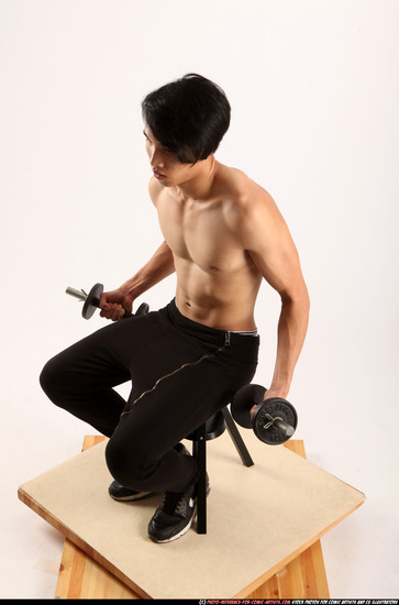 Man Young Athletic White Fitness poses Sitting poses Pants