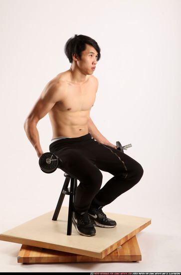 Man Young Athletic White Fitness poses Sitting poses Pants