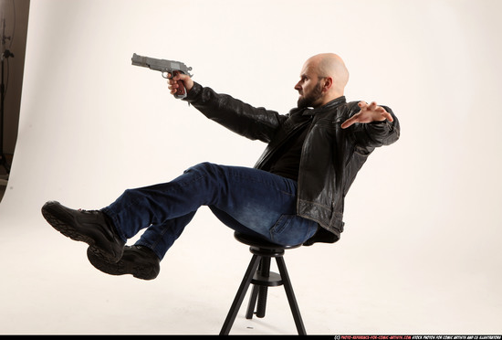 Man Adult Athletic White Fighting with gun Moving poses Jacket