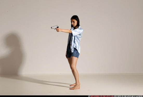 Woman Young Athletic White Fighting with gun Moving poses Casual