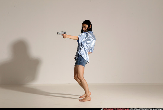 Woman Young Athletic White Fighting with gun Moving poses Casual