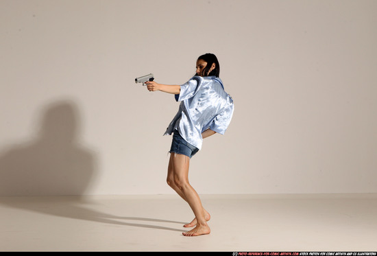 Woman Young Athletic White Fighting with gun Moving poses Casual