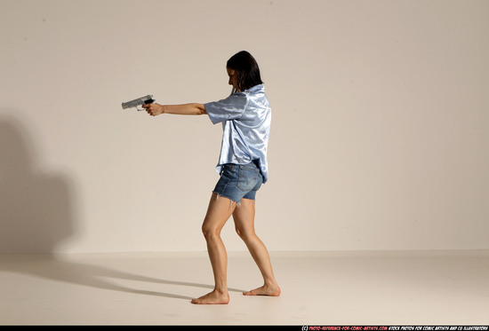 Woman Young Athletic White Fighting with gun Moving poses Casual