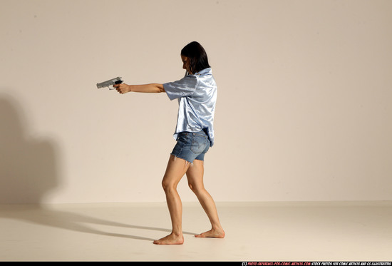 Woman Young Athletic White Fighting with gun Moving poses Casual