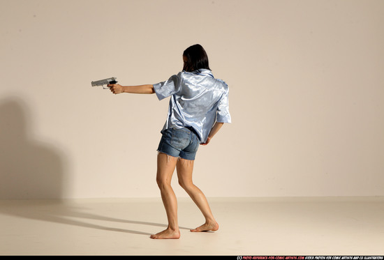 Woman Young Athletic White Fighting with gun Moving poses Casual