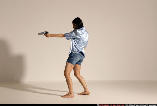 Woman Young Athletic White Fighting with gun Moving poses Casual