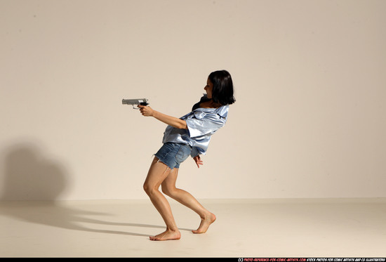 Woman Young Athletic White Fighting with gun Moving poses Casual