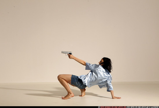 Woman Young Athletic White Fighting with gun Moving poses Casual