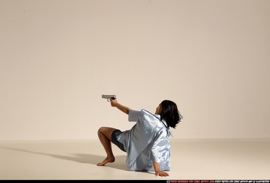 Woman Young Athletic White Fighting with gun Moving poses Casual