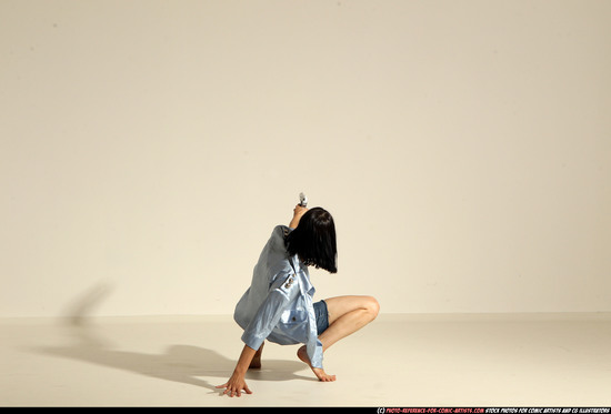 Woman Young Athletic White Fighting with gun Moving poses Casual