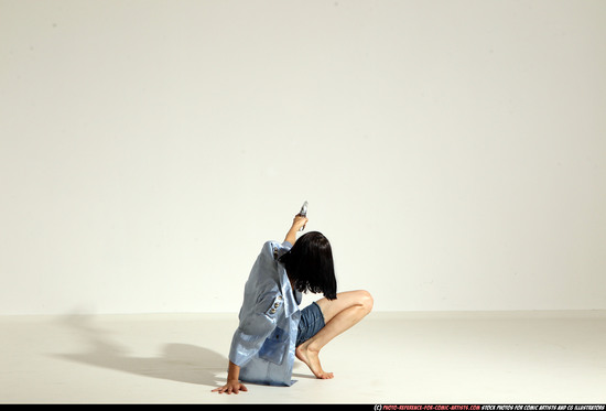 Woman Young Athletic White Fighting with gun Moving poses Casual