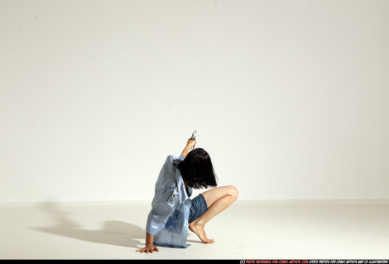 Woman Young Athletic White Fighting with gun Moving poses Casual