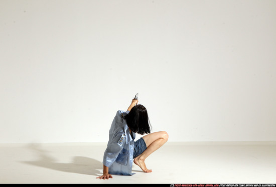 Woman Young Athletic White Fighting with gun Moving poses Casual