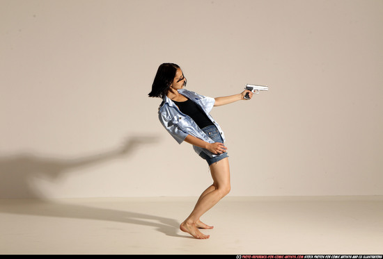 Woman Young Athletic White Fighting with gun Moving poses Casual