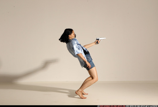 Woman Young Athletic White Fighting with gun Moving poses Casual