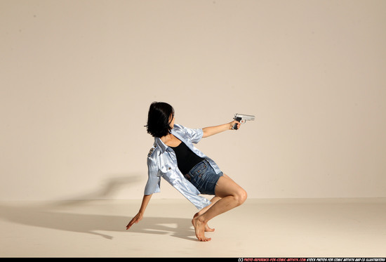 Woman Young Athletic White Fighting with gun Moving poses Casual