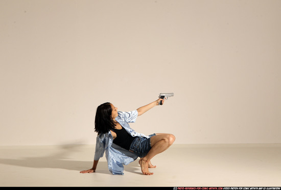 Woman Young Athletic White Fighting with gun Moving poses Casual