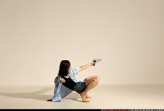 Woman Young Athletic White Fighting with gun Moving poses Casual