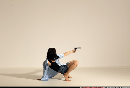 Woman Young Athletic White Fighting with gun Moving poses Casual