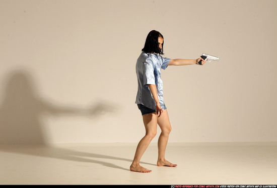 Woman Young Athletic White Fighting with gun Moving poses Casual