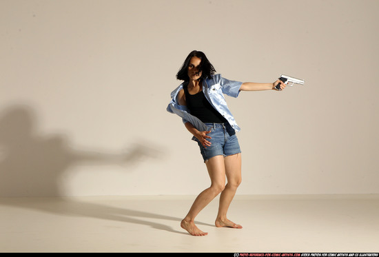 Woman Young Athletic White Fighting with gun Moving poses Casual