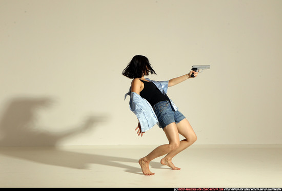 Woman Young Athletic White Fighting with gun Moving poses Casual