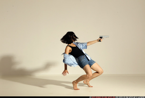 Woman Young Athletic White Fighting with gun Moving poses Casual