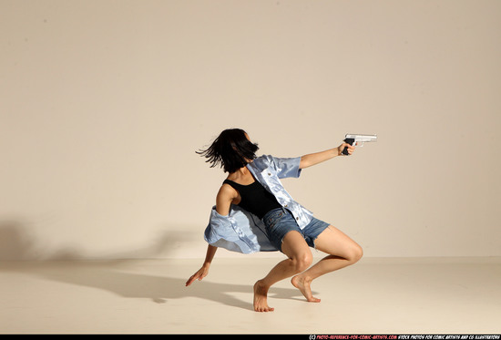 Woman Young Athletic White Fighting with gun Moving poses Casual