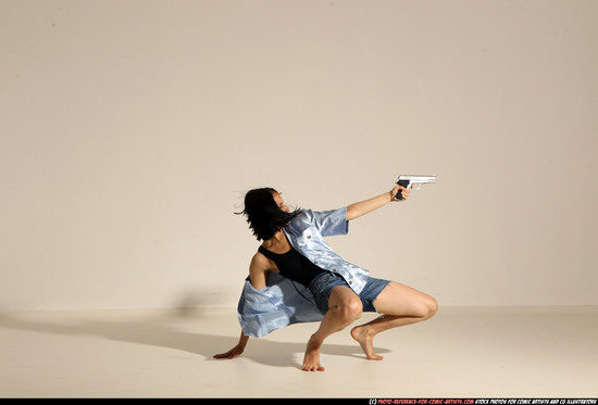 Woman Young Athletic White Fighting with gun Moving poses Casual