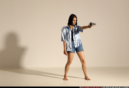 Woman Young Athletic White Fighting with gun Moving poses Casual