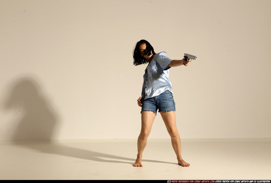 Woman Young Athletic White Fighting with gun Moving poses Casual