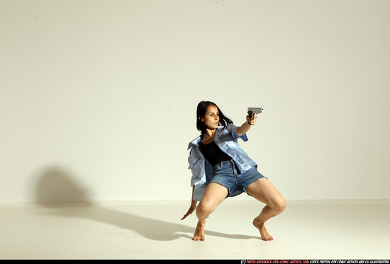 Woman Young Athletic White Fighting with gun Moving poses Casual