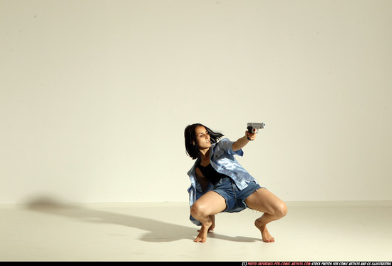 Woman Young Athletic White Fighting with gun Moving poses Casual