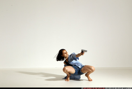 Woman Young Athletic White Fighting with gun Moving poses Casual