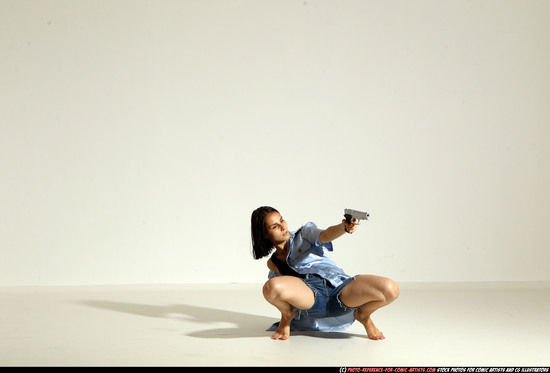 Woman Young Athletic White Fighting with gun Moving poses Casual