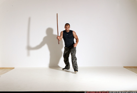 Man Adult Athletic White Fighting with sword Moving poses Army