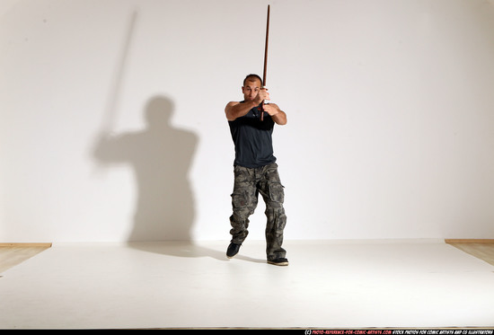 Man Adult Athletic White Fighting with sword Moving poses Army