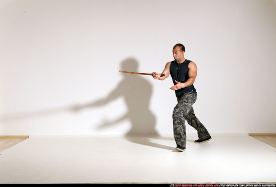 Man Adult Athletic White Fighting with sword Moving poses Army