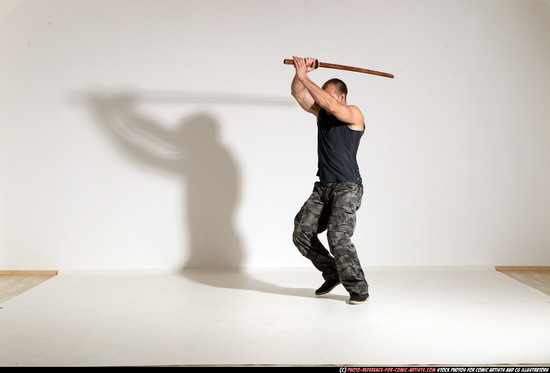 Man Adult Athletic White Fighting with sword Moving poses Army