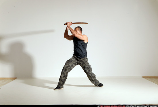 Man Adult Athletic White Fighting with sword Moving poses Army