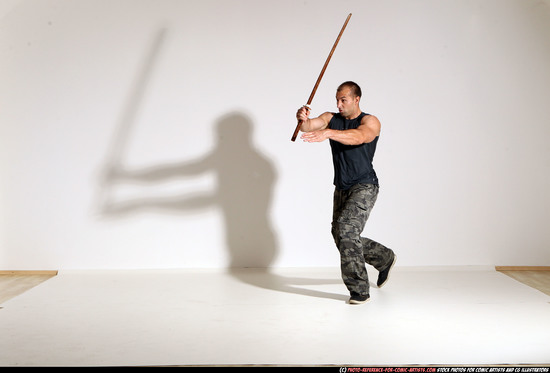 Man Adult Athletic White Fighting with sword Moving poses Army