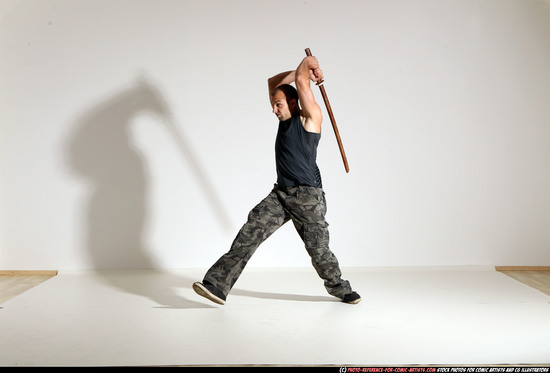 Man Adult Athletic White Fighting with sword Moving poses Army