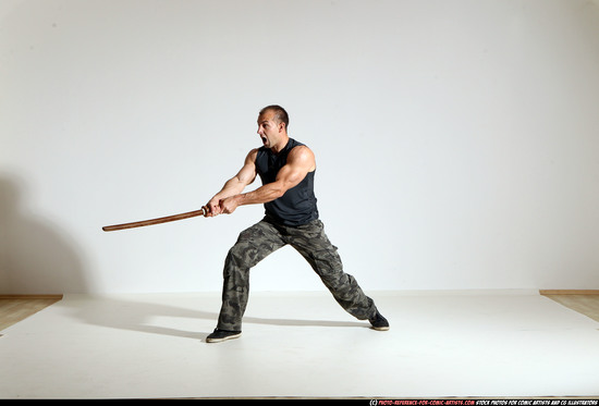 Man Adult Athletic White Fighting with sword Moving poses Army