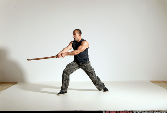 Man Adult Athletic White Fighting with sword Moving poses Army