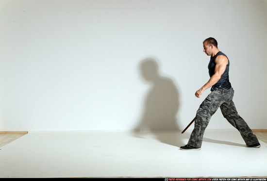 Man Adult Athletic White Fighting with sword Moving poses Army