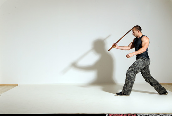 Man Adult Athletic White Fighting with sword Moving poses Army