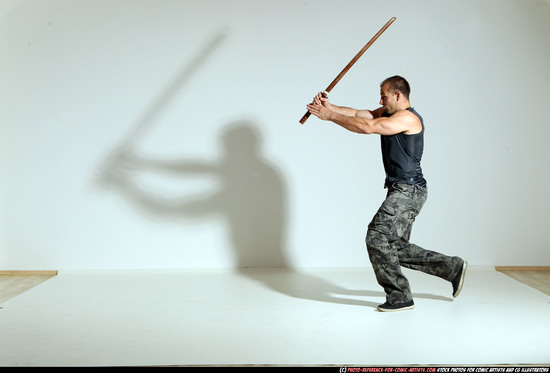 Man Adult Athletic White Fighting with sword Moving poses Army