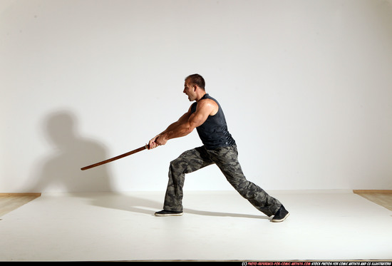 Man Adult Athletic White Fighting with sword Moving poses Army