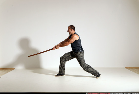 Man Adult Athletic White Fighting with sword Moving poses Army