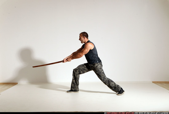 Man Adult Athletic White Fighting with sword Moving poses Army